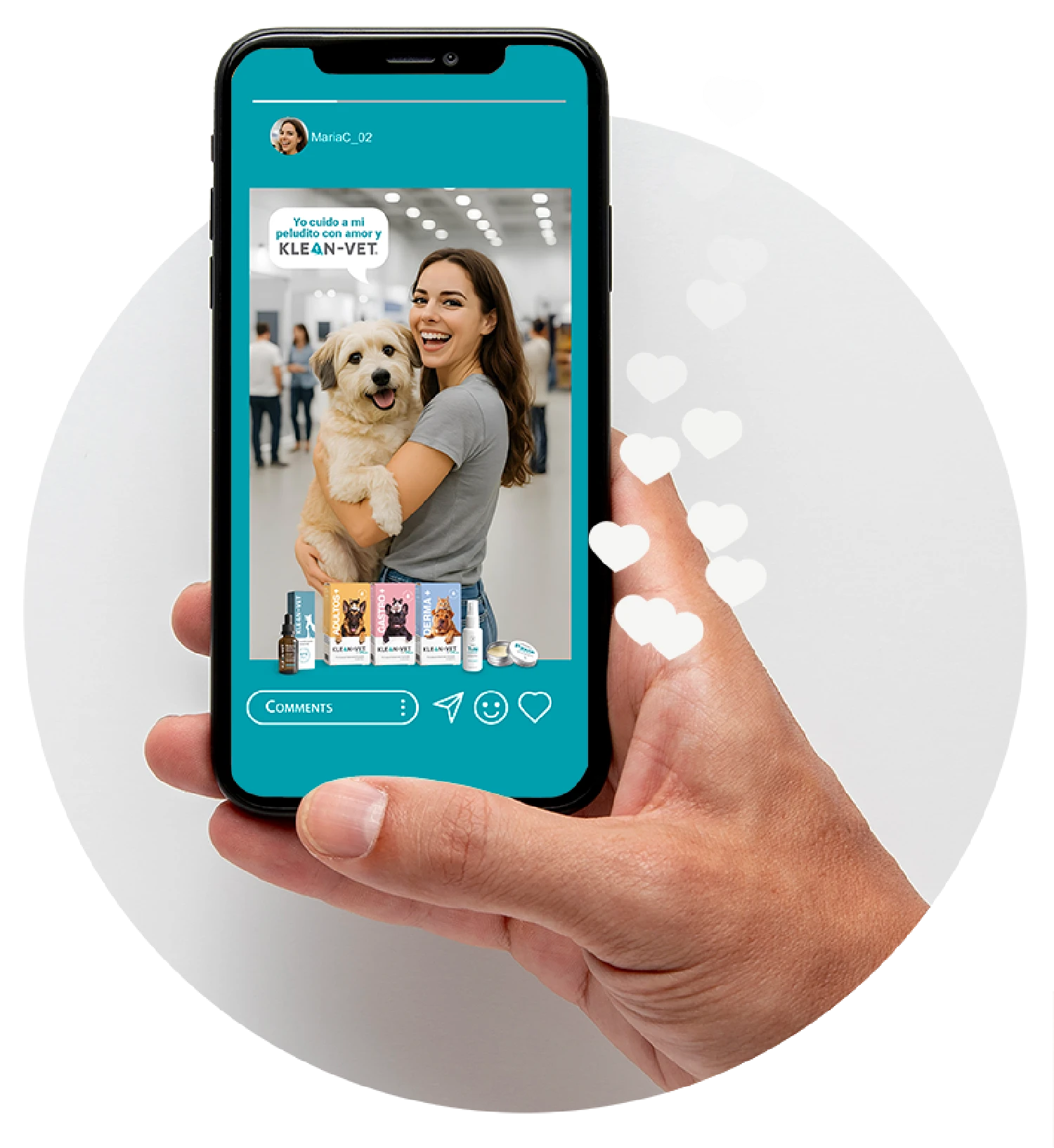 Mano sostiene un smartphone con una historia de Klean-Vet: mujer sonriente abraza a su perro y aparecen productos de la marca en la parte inferior.