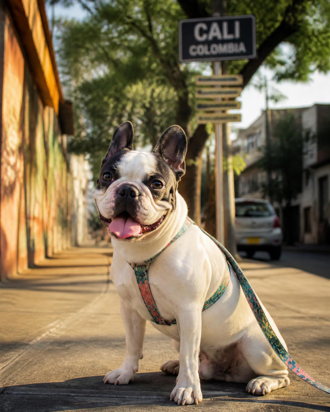 Perro con arnés sentado en una calle al atardecer