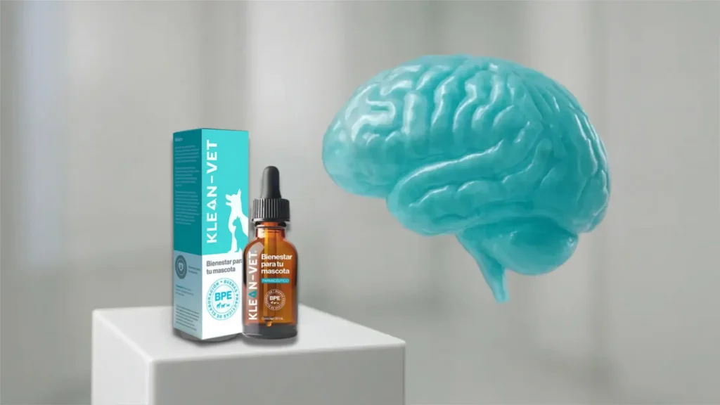 botella y caja de kleanvet junto con un cerebro en 3d