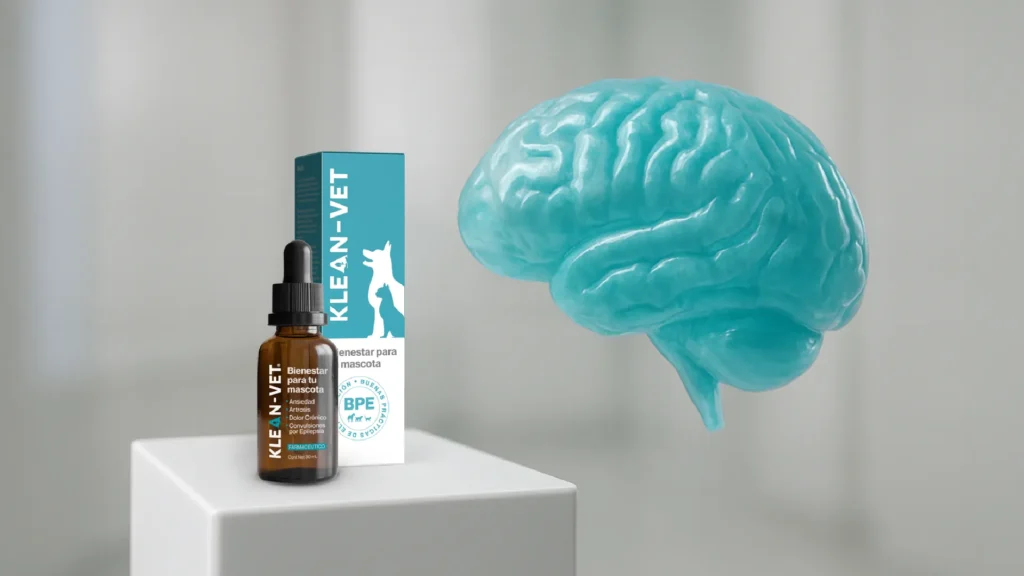 botella y caja de kleanvet junto con un cerebro en 3d