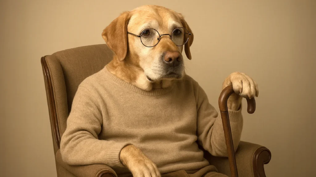 perro senil con apariencia humana