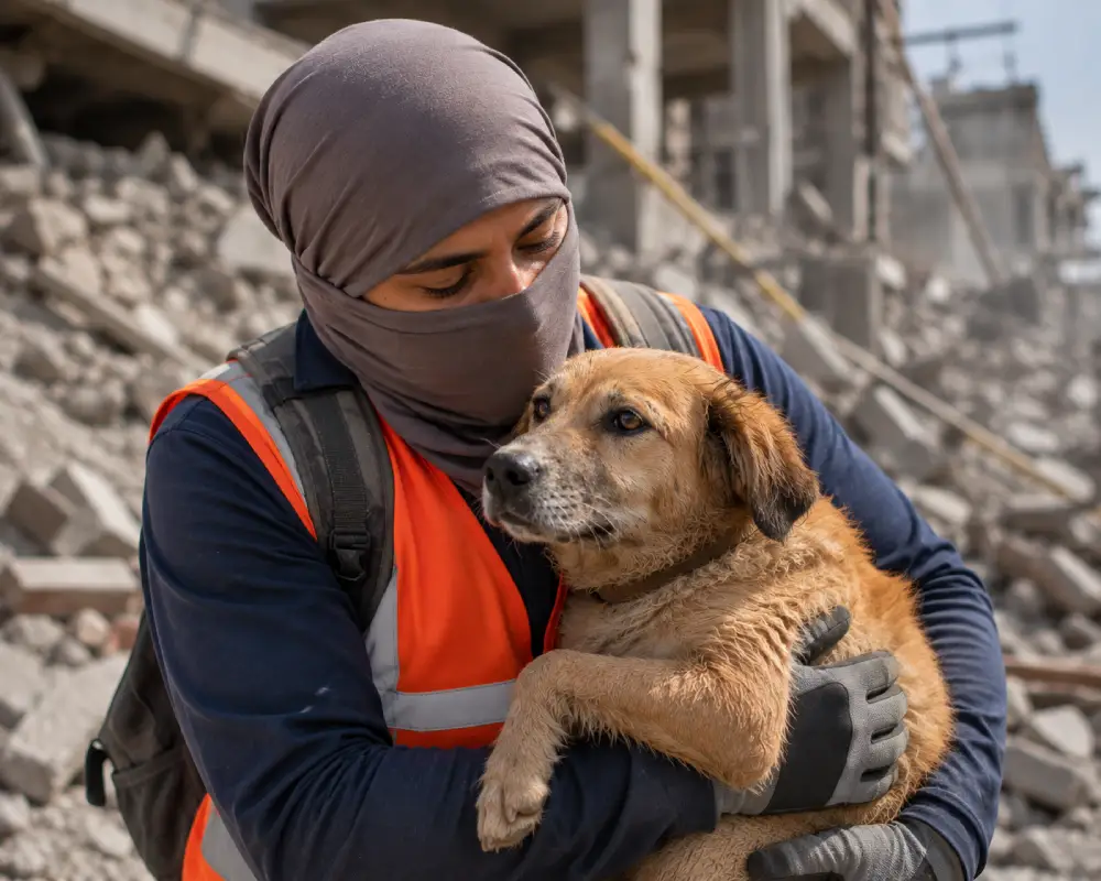 Rescatista sostiene a un perro entre los escombros